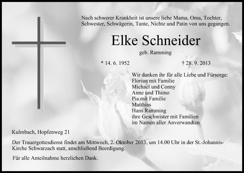  Traueranzeige für Elke Schneider vom 30.09.2013 aus MGO