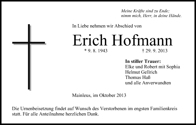  Traueranzeige für Erich Hofmann vom 02.10.2013 aus MGO