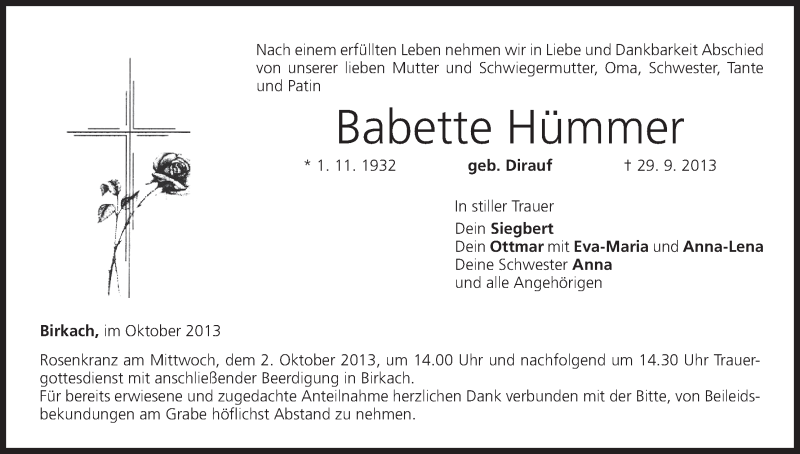  Traueranzeige für Babette Hümmer vom 01.10.2013 aus MGO
