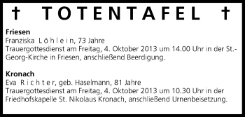 Anzeige von Totentafel vom 02.10.2013 von MGO