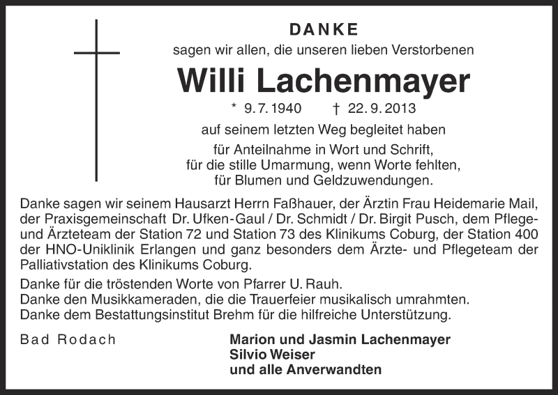  Traueranzeige für Willi Lachenmayer vom 05.10.2013 aus MGO