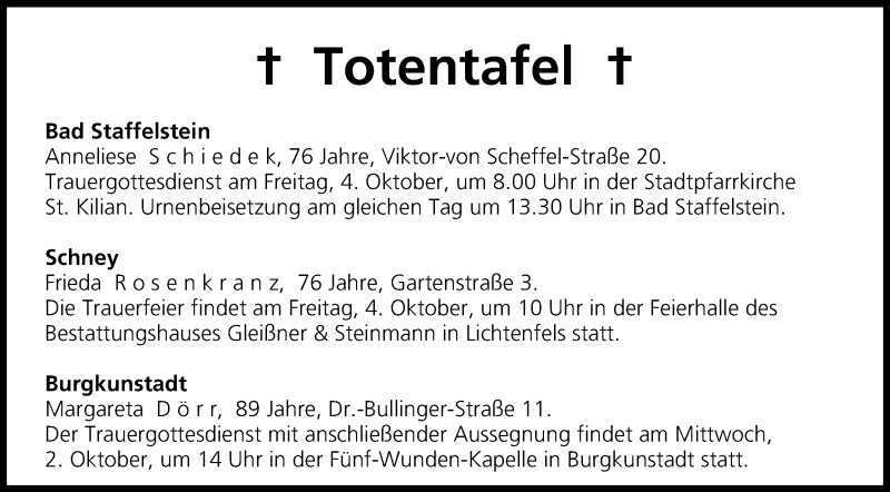  Traueranzeige für Totentafel vom 02.10.2013 vom 02.10.2013 aus MGO