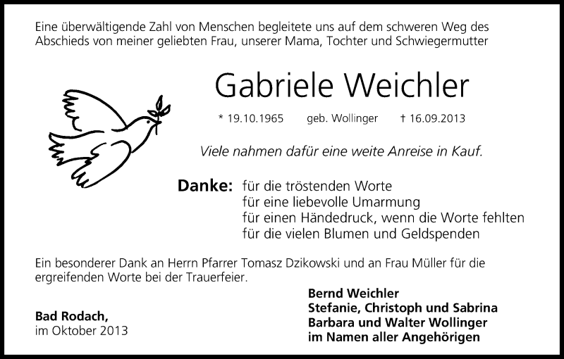 Traueranzeige für Gabriele Weichler vom 05.10.2013 aus MGO