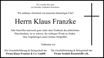 Anzeige von Klaus Franzke von MGO