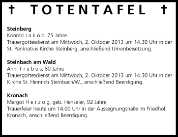 Anzeige von Totentafel vom 01.10.2013 von MGO