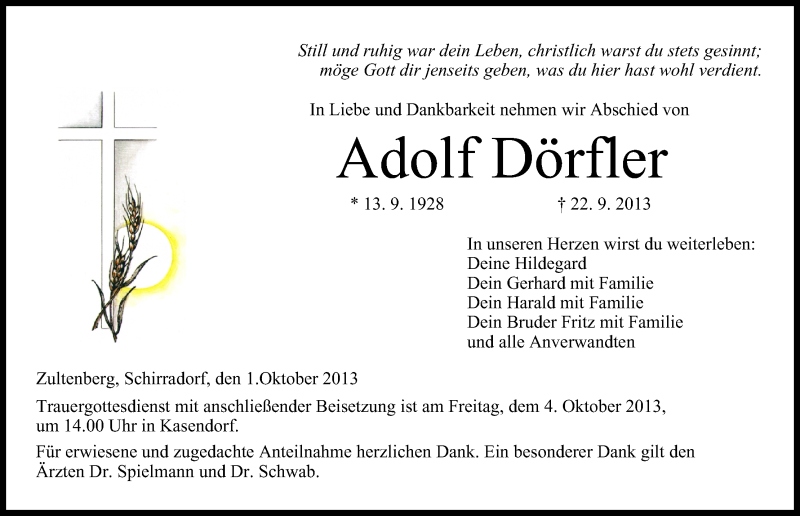 Traueranzeige für Adolf Dörfler vom 01.10.2013 aus MGO