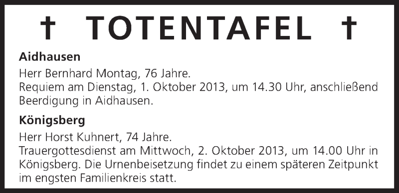  Traueranzeige für Totentafel vom 01.10.2013 vom 01.10.2013 aus MGO