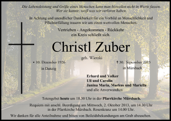 Anzeige von Christl Zuber von MGO