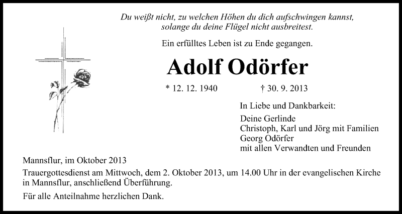  Traueranzeige für Adolf Odörfer vom 01.10.2013 aus MGO