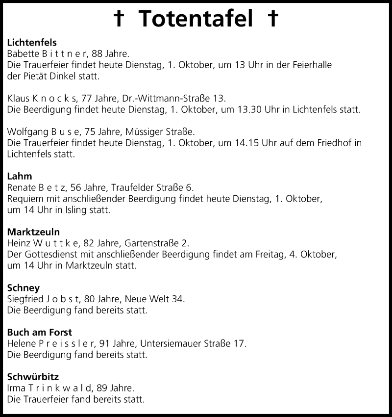  Traueranzeige für Totentafel vom 01.10.2013 vom 01.10.2013 aus MGO