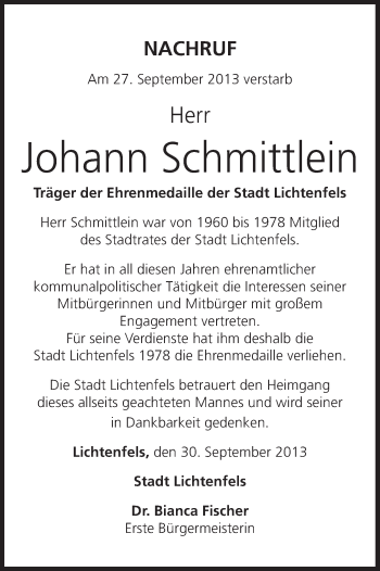 Anzeige von Johann Schmittlein von MGO