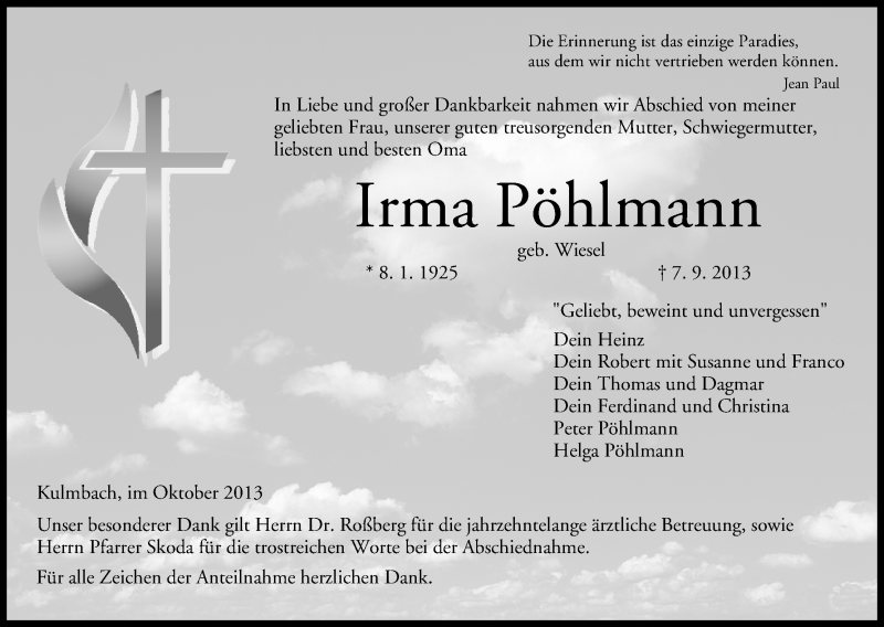  Traueranzeige für Irma Pöhlmann vom 03.10.2013 aus MGO