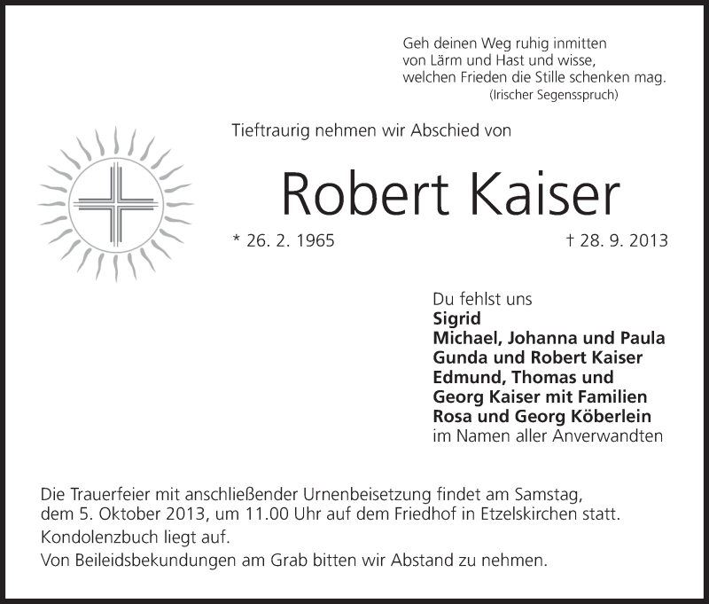  Traueranzeige für Robert Kaiser vom 02.10.2013 aus MGO