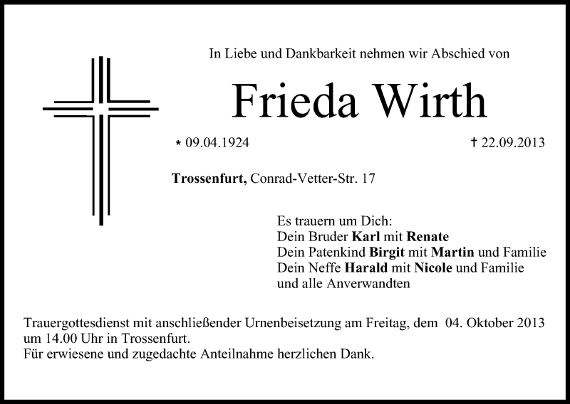 Traueranzeige für Frieda Wirth vom 02.10.2013 aus MGO