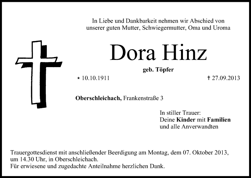  Traueranzeige für Dora Hinz vom 02.10.2013 aus MGO