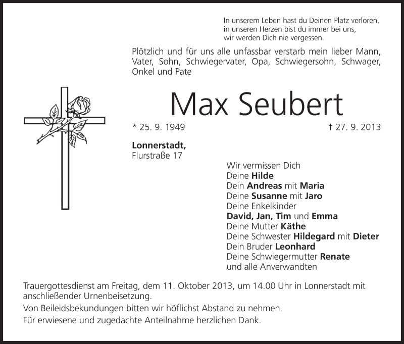  Traueranzeige für Max Seubert vom 09.10.2013 aus MGO