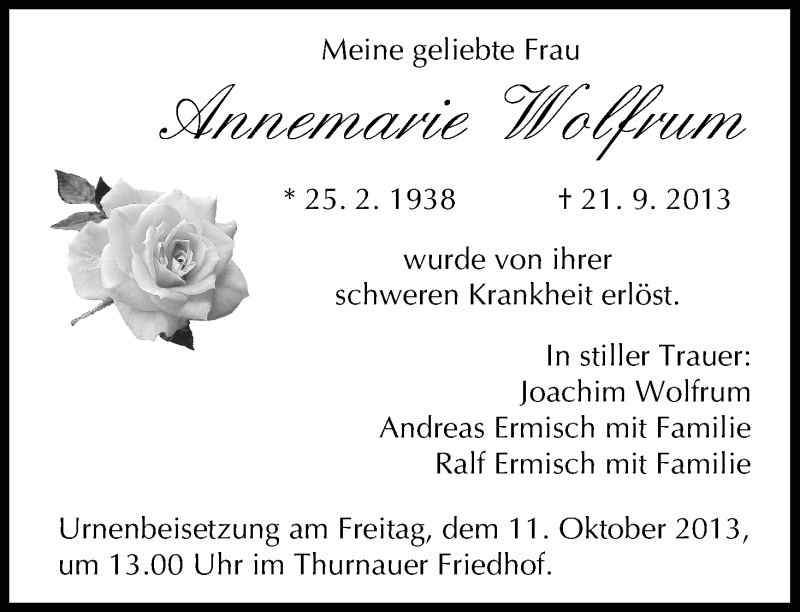  Traueranzeige für Annemarie Wolfrum vom 05.10.2013 aus MGO