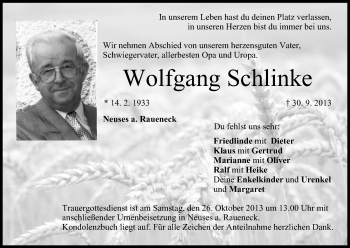 Anzeige von Wolfgang Schlinke von MGO