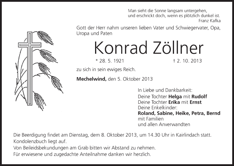  Traueranzeige für Konrad Zöllner vom 05.10.2013 aus MGO