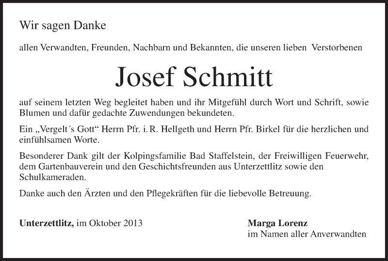  Traueranzeige für Josef Schmitt vom 05.10.2013 aus MGO