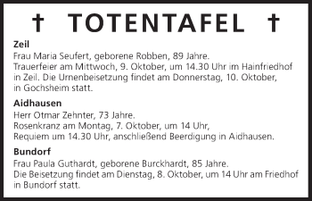Anzeige von Totentafel vom 07.10.2013 von MGO