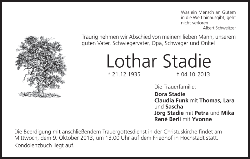  Traueranzeige für Lothar Stadie vom 07.10.2013 aus MGO
