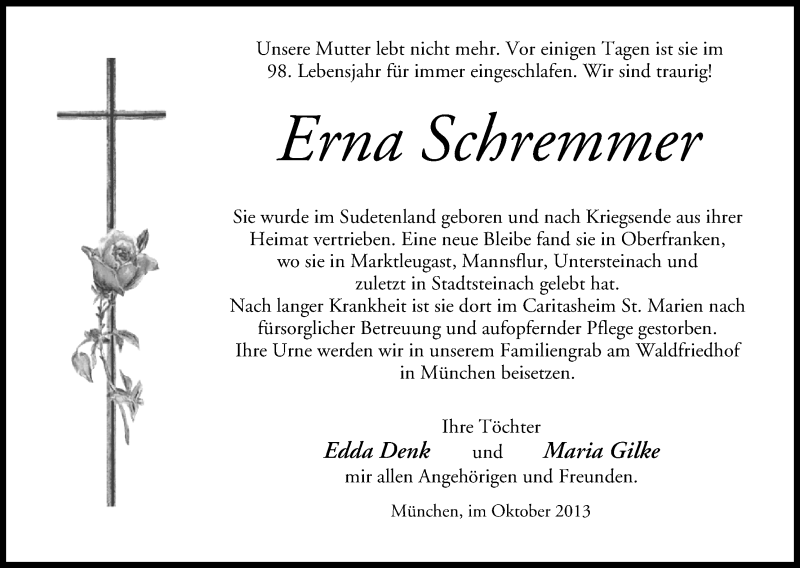  Traueranzeige für Erna Schremmer vom 12.10.2013 aus MGO