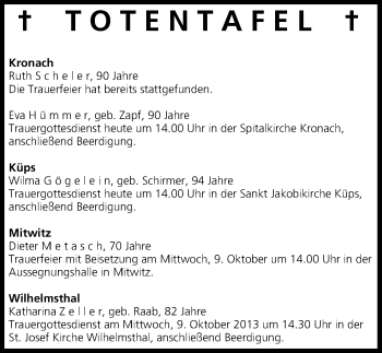 Anzeige von Totentafel vom 08.10.2013 von MGO