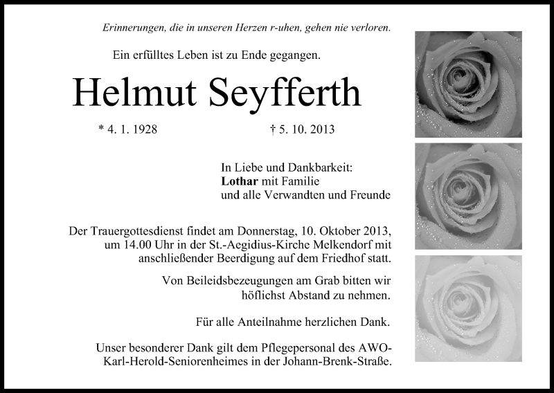  Traueranzeige für Helmut Seyfferth vom 08.10.2013 aus MGO