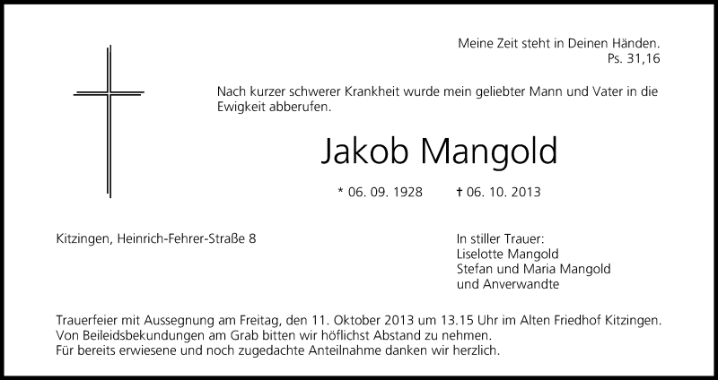  Traueranzeige für Jakob Mangold vom 09.10.2013 aus MGO