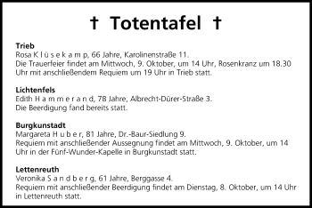 Anzeige von Totentafel vom 08.10.2013 von MGO