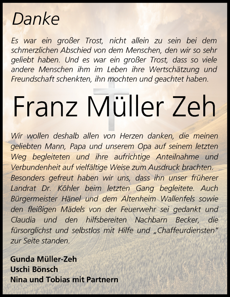  Traueranzeige für Franz Müller Zeh vom 12.10.2013 aus MGO