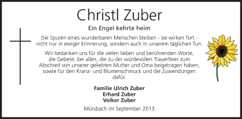 Anzeige von Christl Zuber von MGO