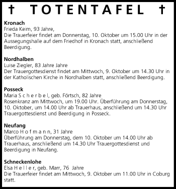 Anzeige von Totentafel vom 09.10.2013 von MGO