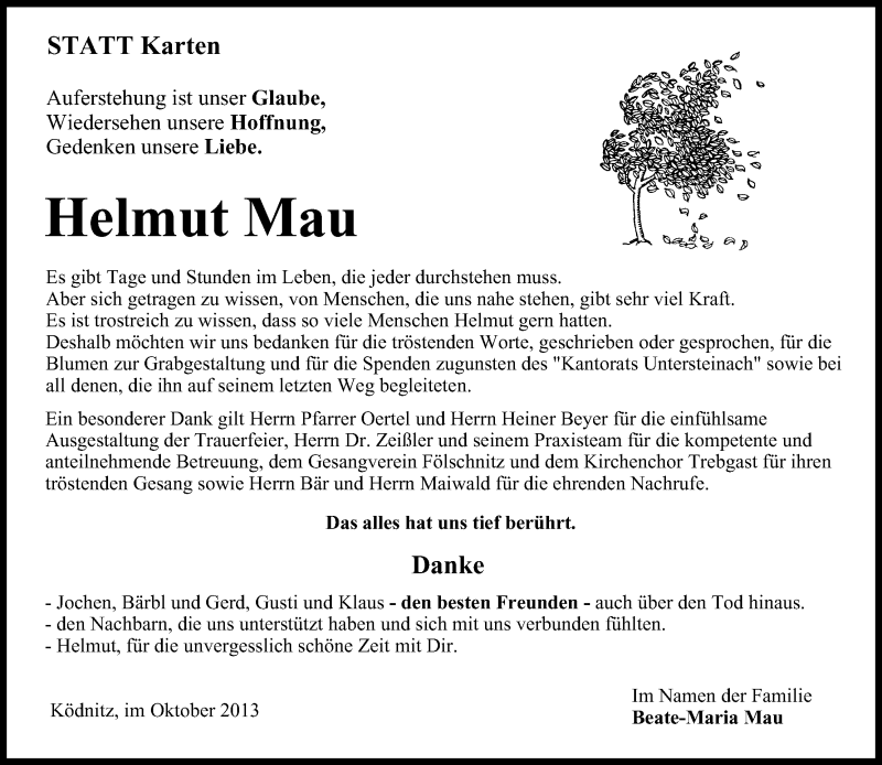  Traueranzeige für Helmut Mau vom 12.10.2013 aus MGO
