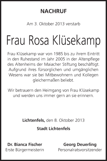 Anzeige von Rosa Klüsekamp von MGO
