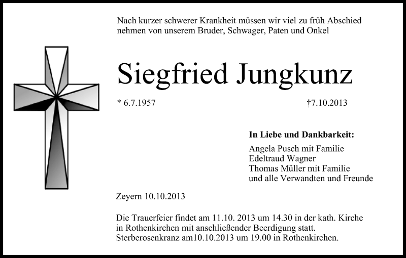  Traueranzeige für Siegfried Jungkunz vom 10.10.2013 aus MGO