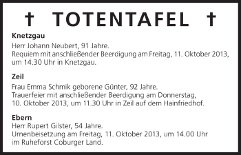 Anzeige von Totentafel vom 10.10.2013 von MGO