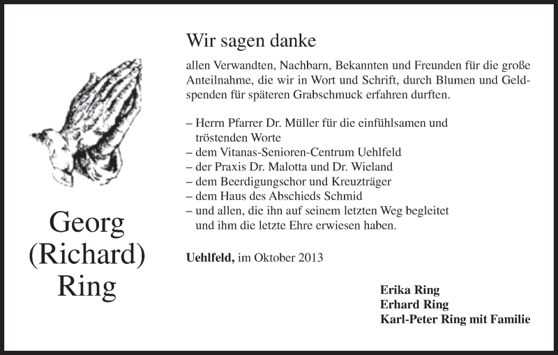  Traueranzeige für Georg Ring vom 12.10.2013 aus MGO