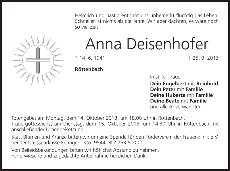  Traueranzeige für Anna Deisenhofer vom 12.10.2013 aus MGO