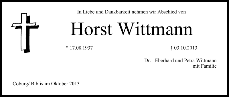  Traueranzeige für Horst Wittmann vom 14.10.2013 aus MGO
