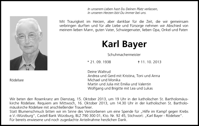  Traueranzeige für Karl Bayer vom 15.10.2013 aus MGO