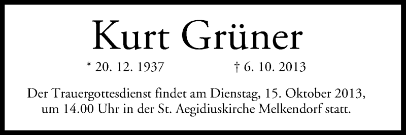 Traueranzeige für Kurt Grüner vom 14.10.2013 aus MGO