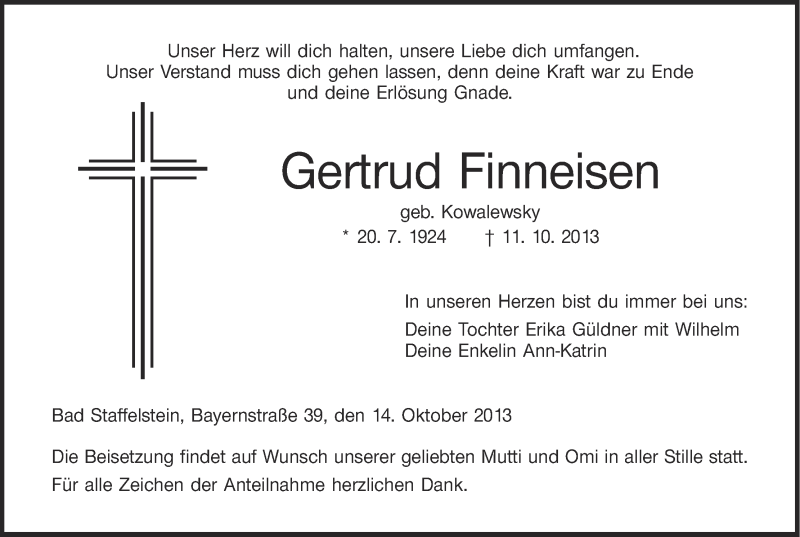 Traueranzeige für Gertrud Finneisen vom 14.10.2013 aus MGO