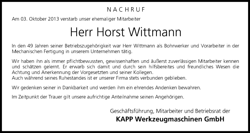  Traueranzeige für Horst Wittmann vom 15.10.2013 aus MGO