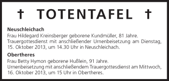 Anzeige von Totentafel vom 15.10.2013 von MGO