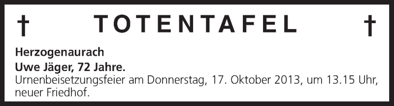  Traueranzeige für Totentafel vom 15.10.2013 vom 15.10.2013 aus MGO
