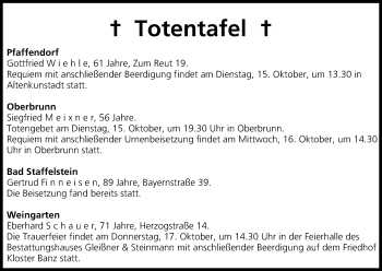 Anzeige von Totentafel vom 15.10.2013 von MGO