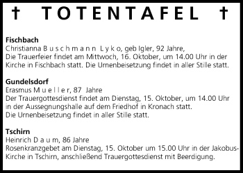 Anzeige von Totentafel vom 15.10.2013 von MGO