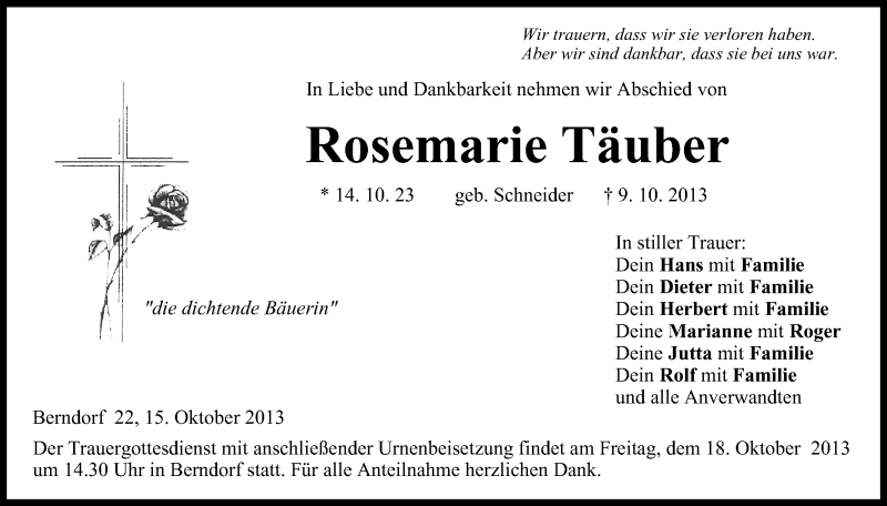  Traueranzeige für Rosemarie Täuber vom 15.10.2013 aus MGO
